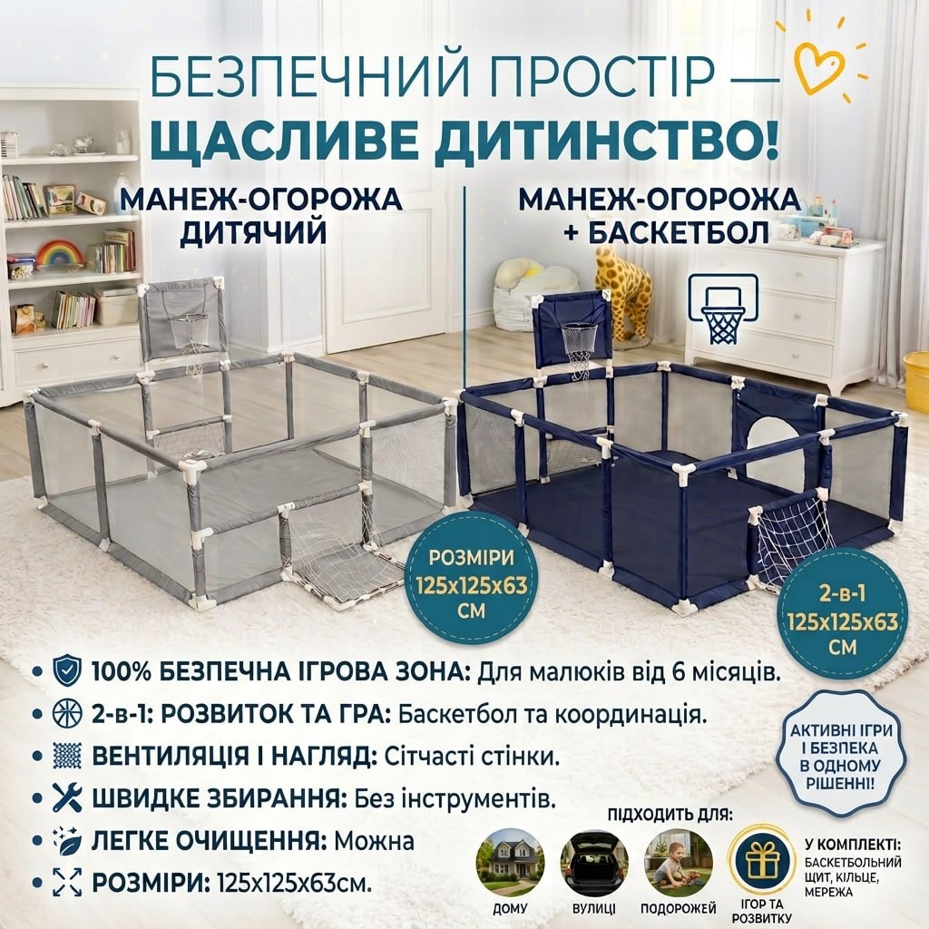 Дитячий ігровий манеж-огорожа 125×125×63 см з баскетбольним кільцем та м'ячиками
